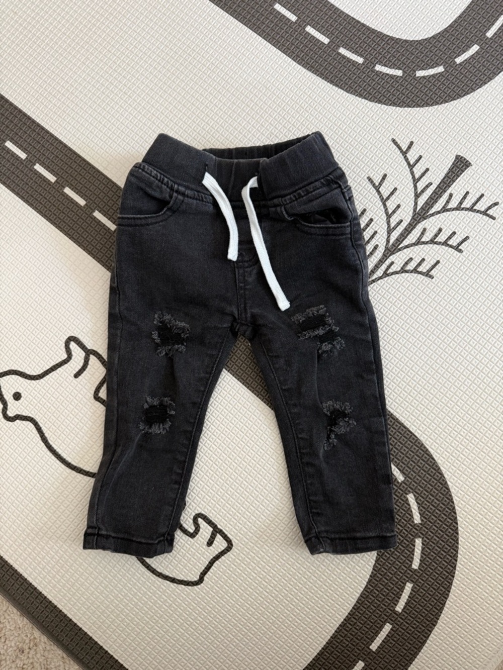 Olive + Scout Black Distressed Jogger Jeans with White Drawstring (6-12mo)